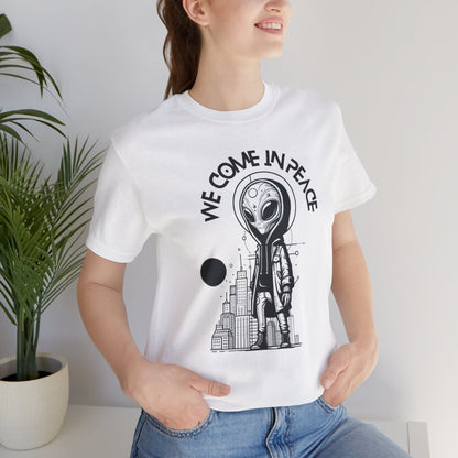 Woman Wearing Peaceful Alien Encounter Gift Store Shirt White