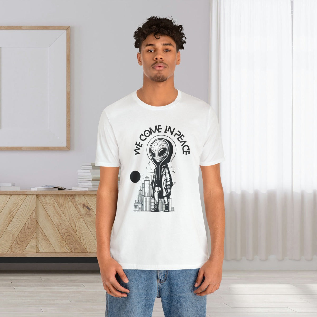 Man Wearing Peaceful Alien Encounter Gift Store Shirt White